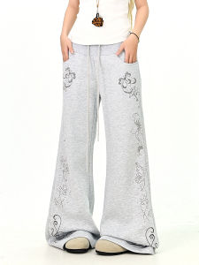 Loose Grey Floral Print Bell Bottom Casual Pants Womens Autumn Winter New Style BF Sport Wide Leg Sweatpants Comfortable Fit