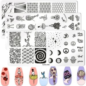 สาวเต้นรําแผ่นปั๊มเล็บสี่เหลี่ยมผืนผ้าแม่แบบStencilsปลาMoon Starเล็บแสตมป์ภาพเล็บเล็บพิมพ์เครื่องมือ