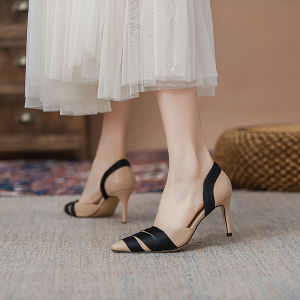 Giày Một Lớp Màu Nude Miệng Nông Feiyan Mẫu Mới Xuân Hè 2023 Xăng Đan Cao Gót Vuông Gót Nhọn Buộc Dây Satin Màu Đen Nữ