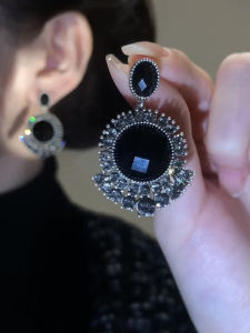 Retro Hong Kong Style Fashionable Black Crystal round Pendant Earrings Womens Unique Design Personality Jewelry Accessories