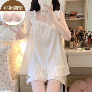ชุดนอนผู้หญิงผ้าฝ้ายแท้สไตล์เกาหลีฤดูร้อน ชุดสองชิ้นสีขาว ชุดอยู่บ้าน ชุดนอน ชุดนอนผู้หญิง ชุดนอนผ้าฝ้ายแท้ ชุดนอนฤดูร้อน
