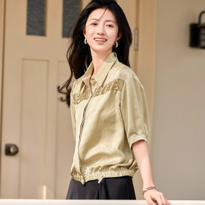 WANGGONGZHU | Princess Style Short Sleeve Satin Trimmed Shirt Women Summer Thin Fashion Metal Buckle Casual Polo Collar Regular Fit Shirt