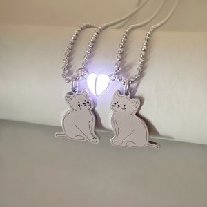 2/PCS Glow-in-the-Dark Heart Stainless Steel Cat Pendant Bead Chain Couple Necklaces Magnetic Attraction Fashion Jewelry