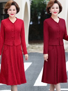 Red Slim Fit Midi Dress Fake Two-Piece Style Commute Fashion Spring Autumn Suitable for Middle-Aged Mothers Wedding Celebration