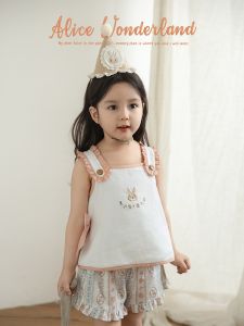 YOEHYAUL | Bộ Đồ Trẻ Em In Hình Thỏ Dễ Thương có Nút Nấm và Ren