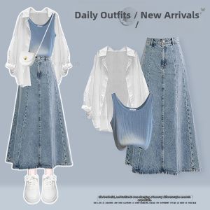NUMEN BUTTON | Stylish Plus Size Womens Summer Suit 休闲 翻领 衬衫 背心 牛仔 半身裙