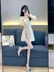 French Style Tea Break Dress Bubble Sleeve A-Line Mini Summer Dress High Waist Polyester Fabric Short Sleeve Zipper Closure