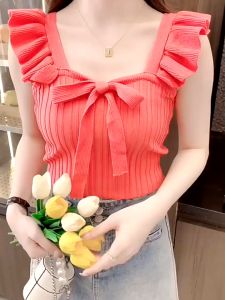 Ruffled Small Fly Sleeve Short Solid Color Vest Korean Version Versatile with Chest Pads