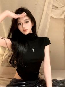 Womens half high neck irregular slim fit short Sleeve Top