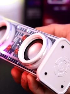 V8 Bluetooth 5.0 Speaker Transparent Speaker TWS Series Surround TF Card Double Dual Subwoofer Cyberpunk Multiple RGB Lighting Modes 1800mAh Mecha Little Steel Gun 双响机甲小钢炮