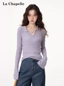 Áo Sơ Mi Dệt Kim Cổ Polo La Chapelle Cho Nữ Dáng Ôm Mềm Mại Màu Tím Mùa Thu Phong Cách Mới Mềm Mại Thoải Mái