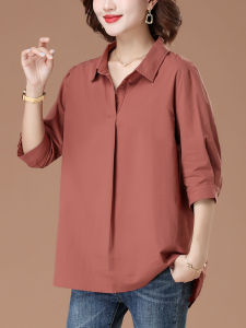 เสื้อเชิ้ตแขนยาวผู้หญิงทรงหลวมสไตล์เกาหลีคอโปโลแขนยาวปานกลางผ้าฝ้ายแท้ฤดูร้อน 2024 เสื้อเชิ้ตคอกลมแขนยาวปานกลาง