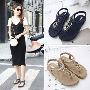 【 35-42 】New Phụ Nữ Dép Thời Trang Kim Loại Rhinestone Bên Bờ Biển Bãi Biển Phẳng Giày Non-Slip Dép Giản Dị Giày Của Phụ Nữ