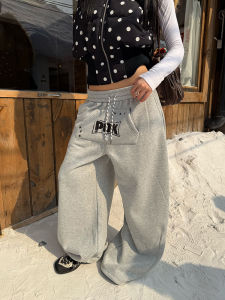 กางเกงวอร์มขายาวทรงหลวมสไตล์อเมริกันย้อนยุคพร้อมเชือกผูกเอวและขนแกะสำหรับผู้ชายและผู้หญิง กางเกงขายาวทรงตรง