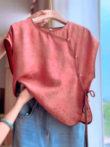 QINGNAER | Retro Pink Flower Embroidery Oblique Collar Lace-up Short Sleeve Shirt Plus Size