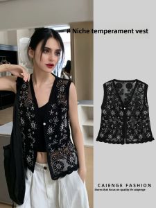 CAIENGE | Thin French Style Blazer Overlayer High-end Feel Sleeveless Lace-up Vest V-neck Embroidery with Strap Dress