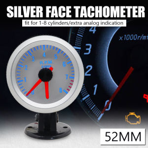 2" 52mm Universal Car Black Analog Tachometer RPM Meter Gauge 0-8000RPM LED Light Silver Face 1-8 Cylinders