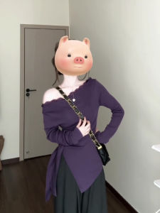 Slim Fit Long Sleeve T-Shirt Womens Purple Asymmetrical Shoulder Design Sweet And Spicy Style Early Autumn New Arrival