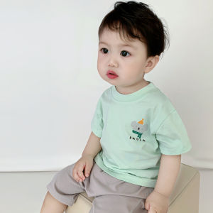 Baby Pure Cotton Short Sleeve Summer Thin Absorb Sweat T-shirt Mens and Womens Childrens Simplicity round Neck Half Sleeve Cool Sweat-Absorbent Tops