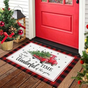 VIKAMA Red Truck Christmas Doormat Buffalo Plaid Non‑Slip Floor Rug For Front Door Porch Xmas Home Holiday Decor