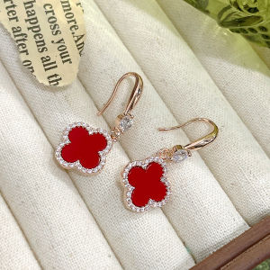 Red Four Leaf Clover Earrings Womens Elegant Versatile Ear Jewelry 2025 New Year Trendy Allergy Free 999 Pure Silver