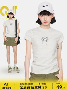 American Style Grey Butterfly Knot Short Sleeve T-Shirt Women Summer Slim Fit Cute Short Top Commute Simple Style Pure E-commerce