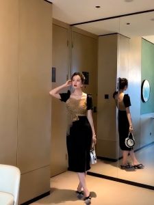 【Thriving】 WaQas Happy Diva.PH 2024 Summer New Women's Black Elegant Mesh Polka Dot One Step Slit Dress V-neck Puff Sleeves Hem Gown High Waist Wedding Formal Party Evening Bridesmaid Fashion Graduation Birthday Prom Tight Casual Work
