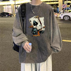 Washed Vintage Long Sleeve T-Shirt Mens Spring Autumn Loose Youth Pure Cotton Base Shirt Top Creative Fun Print round Neck