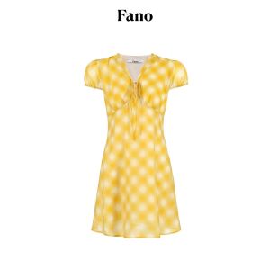 Fano | Đầm cổ V tay phồng eo thắt nút họa tiết caro