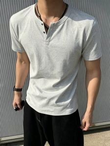 ZHUOCAN | White-gray Henley Collar Boxy Fit American Style Mens Summer T-shirt