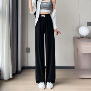 YAMIANNV | Quần ống rộng Ice Silk dài thường ngày cho nữ cỡ lớn mùa hè 2023 Quần ống rộng cạp cao cotton polyester thoải mái