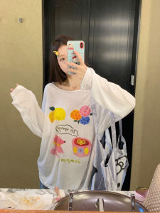 plus Size Thin Long Sleeve Printed T-Shirt Womens Casual Loose Slimming White Top for Autumn 2025 New Style Fat MM