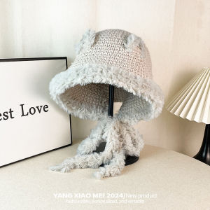 หมวกไหมพรมถักหนาทรงหูหมีน่ารักสำหรับผู้หญิงในฤดูใบไม้ร่วงและฤดูหนาว หมวกไหมพรมถักแบบหนาป้องกันหูสำหรับผู้หญิง สไตล์น่ารัก โพลีเอสเตอร์