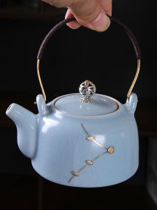 Handmade Large Size Ceramic Teapot with Handle Ru Kiln Porcelain Chinese Style Retro Glazed Glue Nail Yi Jing Dehua County