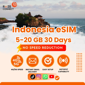Indonesia eSIM | 5-20GB High Speed | 30 Days Data Plan | Raize Connect