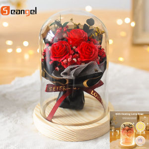 Seangel Valentines Day Gifts for Women Girlfriends ‘s 3PCS Soap Rose Flowers with light Eternal Flower Bouquet in Glass Cover Remote Control for Anniversary Presents Wedding Christmas Gifts for Women Girlfriends Home Decor情人节红玫瑰