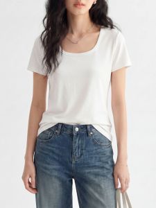 Basic House | Short Sleeve Tencel Silk Blend Summer Tee U Neck