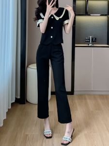 Fashionable Summer 2025 Womens Suit Set Elegant Lady Style Wide Leg Pants Two Piece Set Short Sleeve V Neck Pure E-commerce Sale