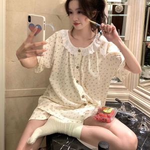 Bộ Đồ Ngủ Tay Ngắn Họa Tiết Hoa Mùa Hè Cho Nữ Quần Short Rộng Rãi Thoải Mái Mặc Ở Nhà Bộ Đồ Ngủ Cotton Pha Trộn