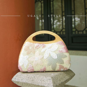 UGALS | New Chinese Style Heavy Work Wood Handle Embroidered Flowers Sequins Shiny Shoulder Handbag