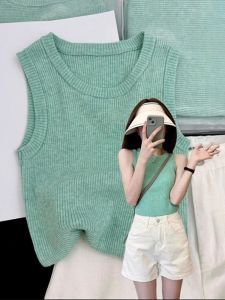 Áo Ba Lỗ Không Tay Cổ Tròn Ôm Vừa Vặn Mùa Hè Phong Cách Hàn Quốc Áo Ba Lỗ Ngắn Cho Nữ Áo Lót Bên Trong Áo Ba Lỗ