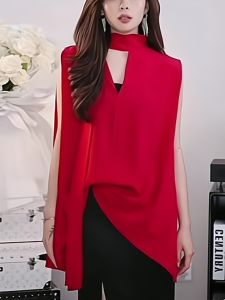 Red Unique Women's Shirts: 2025 High-End Luxury Medium-Length Tie-Neck Design