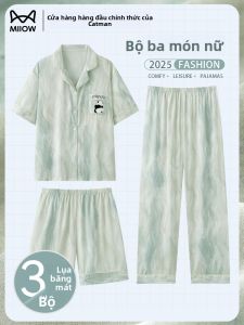 Bộ đồ ngủ nữ MiiOW bằng lụa băng tay ngắn họa tiết gấu trúc
