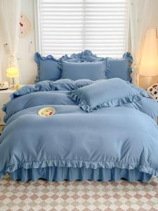 100% Pure Color French Style Student Bedding Set 4-Piece Duvet Cover Set Skin-friendly Breathable Bed Skirt Ruffle Design