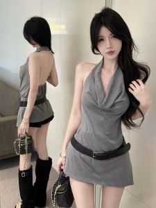 GUZILIAN | Summer New V-neck Pleated Splice Hanging Neck Type Sleeveless Back-exposed Slimming Belted Casual Fashion Korean Style T-shirt