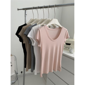 Temperament Wild Slim Looking Goose Egg Collar Collarbone Tee Womens Summer Thin Tencel Flying Sleeve Tops Pure Color Shoulder T-shirt