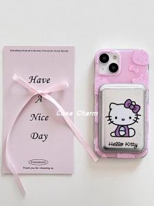Kitty Cat Magsafe Magnetic Absorption Card Holder Apple Phone Case Campus Card Storage Cartoon Anime PU Leather Wallet