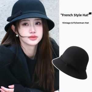 Elegant Womens Fisherman Hat Spring Autumn Hepburn Style Woolen Face Slimming Large Head Circumference Hat New Model Gift Hat