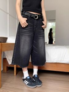 High-Waist Wide-Leg Denim Shorts for Women Casual Style with Pocket Black Color Straight Tube Cuts Visually Slimming Design