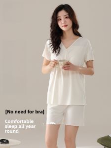 MiiOW | Pregnant Women Sleepwear Set With Chest Pad Home Clothes V-neck Short Sleeve Womens Summer Thin Polyester Blend Sleepwear